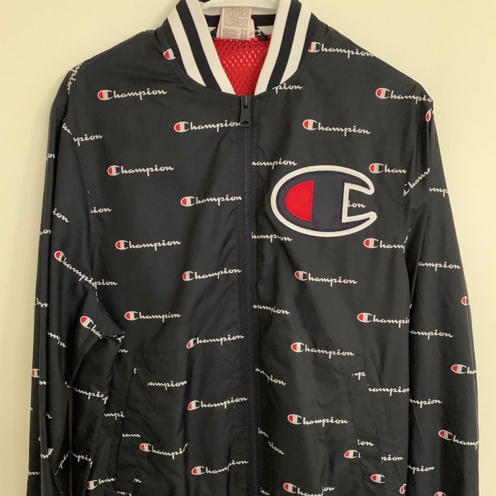 Champion Satin Baseball Jacket Navy Blue